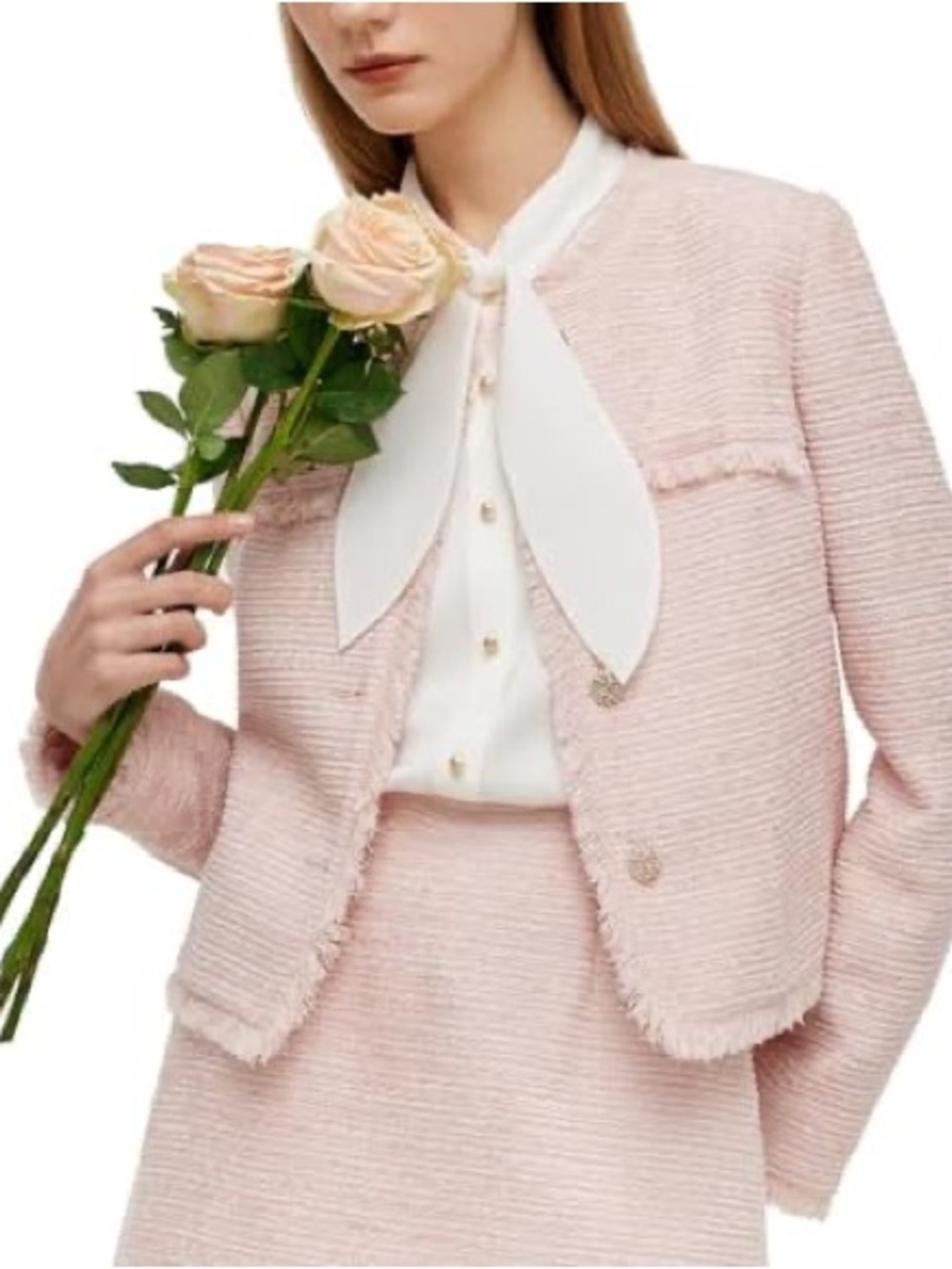 GOELIA // Pink Tweed Frayed Trim Cropped Jacket Blazer